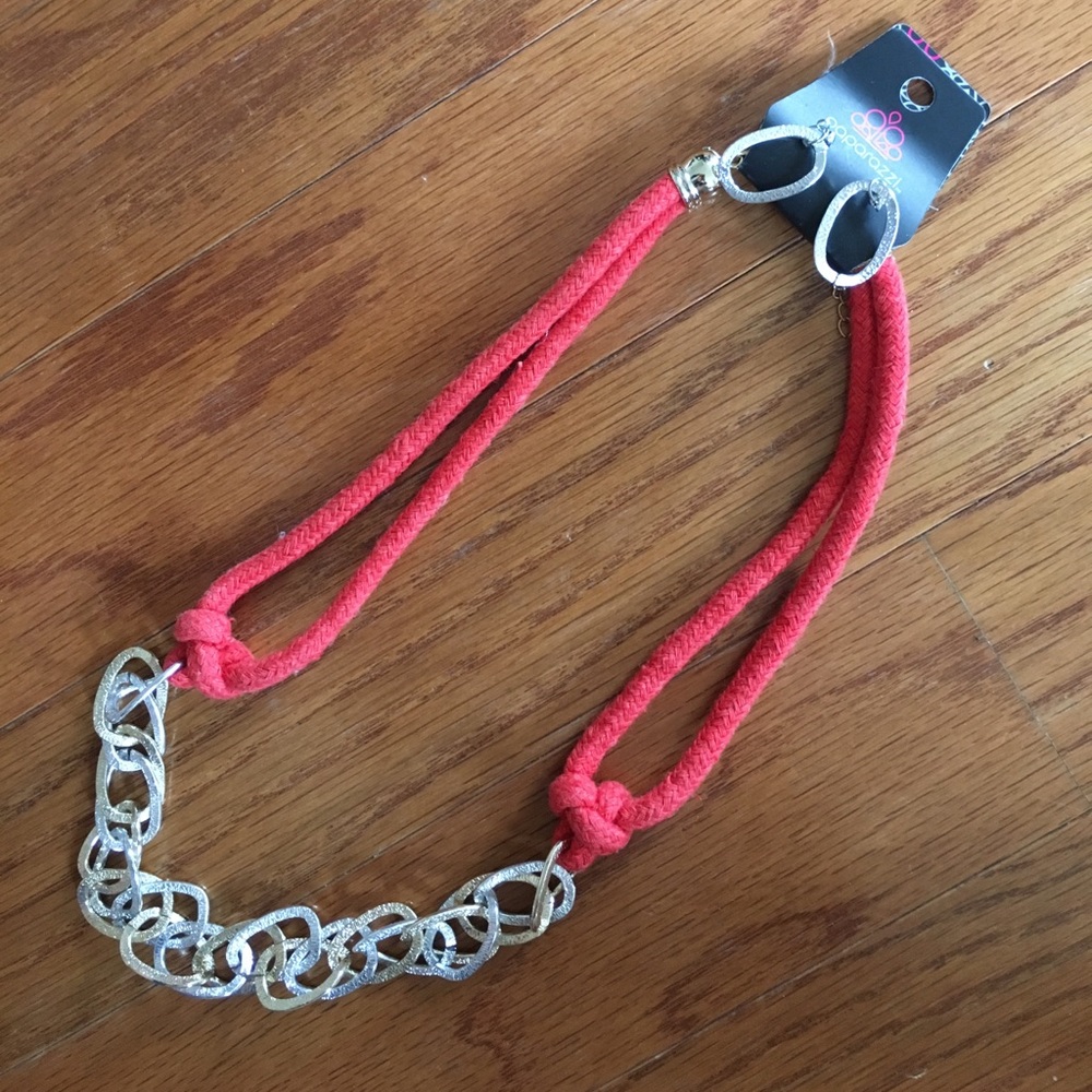 Red cord woth silver chain necklace and earrings