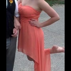 Coral hi-low dress with lace underlay