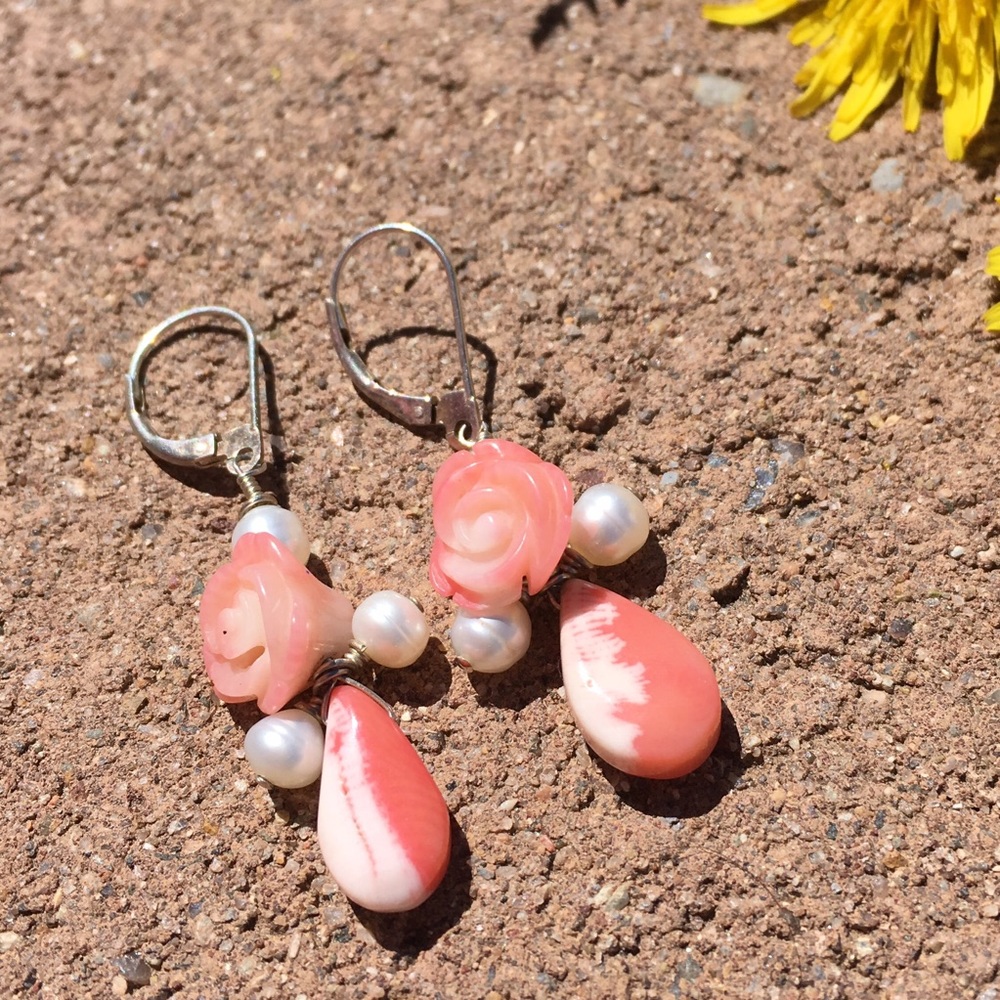 Roses carved PINK coral sterling pearls earrings!