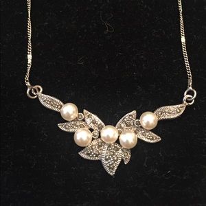 Marcasite & Pearl Necklace w/ Silver Chain