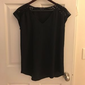 Black V-neck Lace Shoulder Top