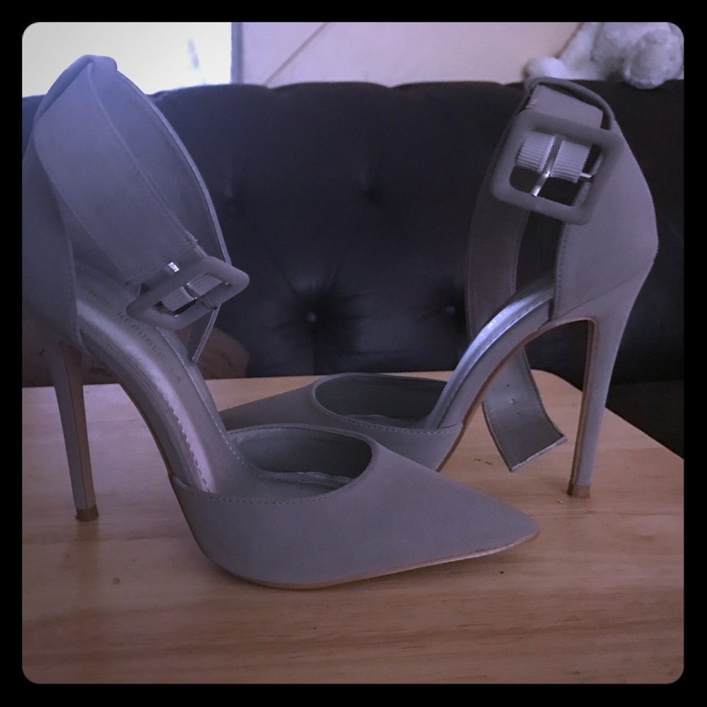 Gray suede heels.