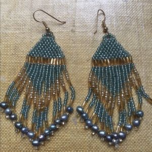 Hand beaded blue and gold earrings