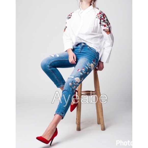 Distressed skinny denim jeans embroidered sold - Picture 3 of 4