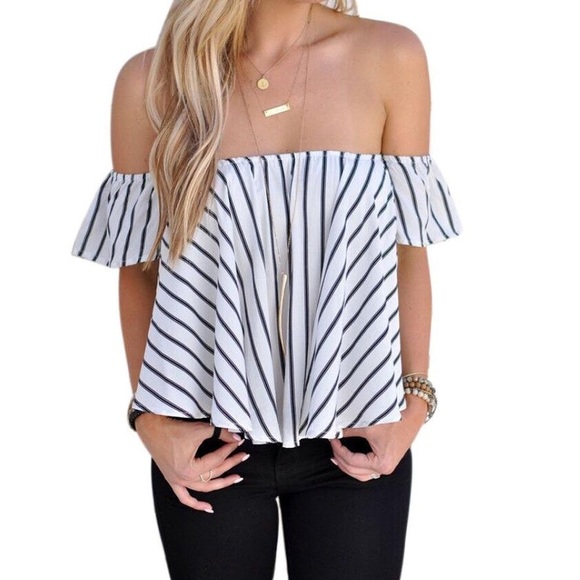 Striped Off Shoulder Top Medium - Picture 1 of 4