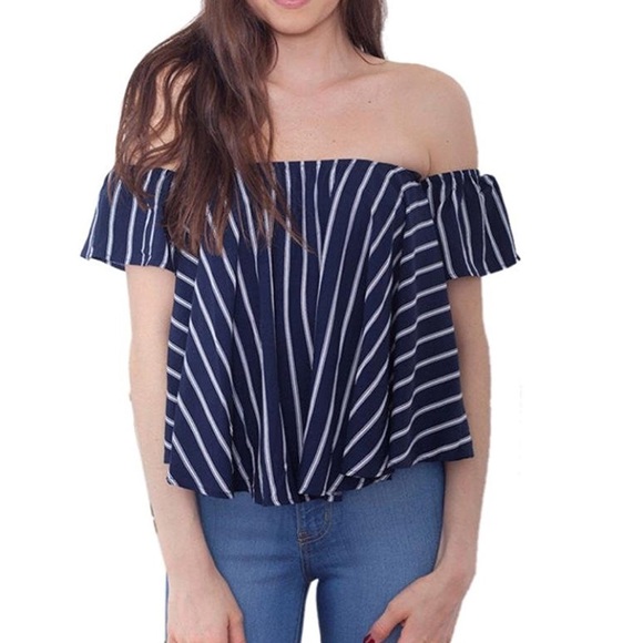 Off Shoulder Top Striped Blue Medium - Picture 1 of 4