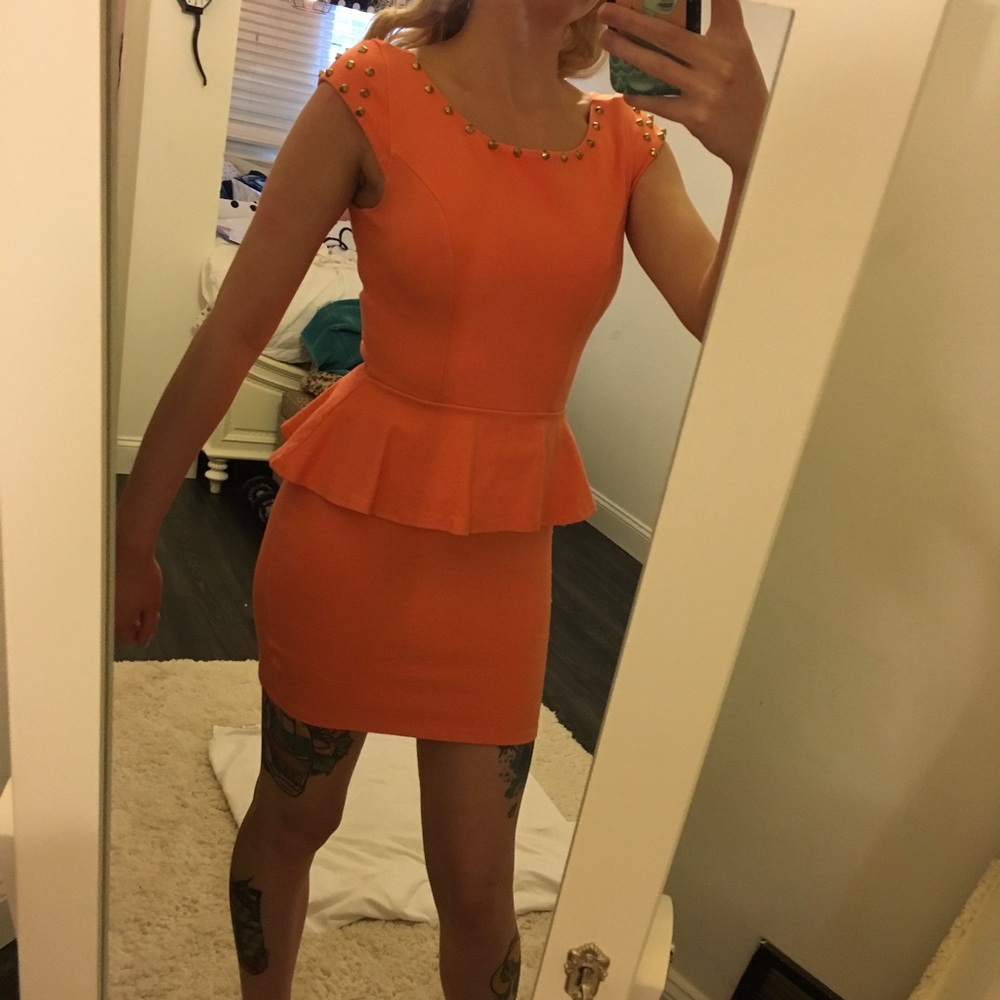 Orange/coral colored peplum dress w/ gold spiking
