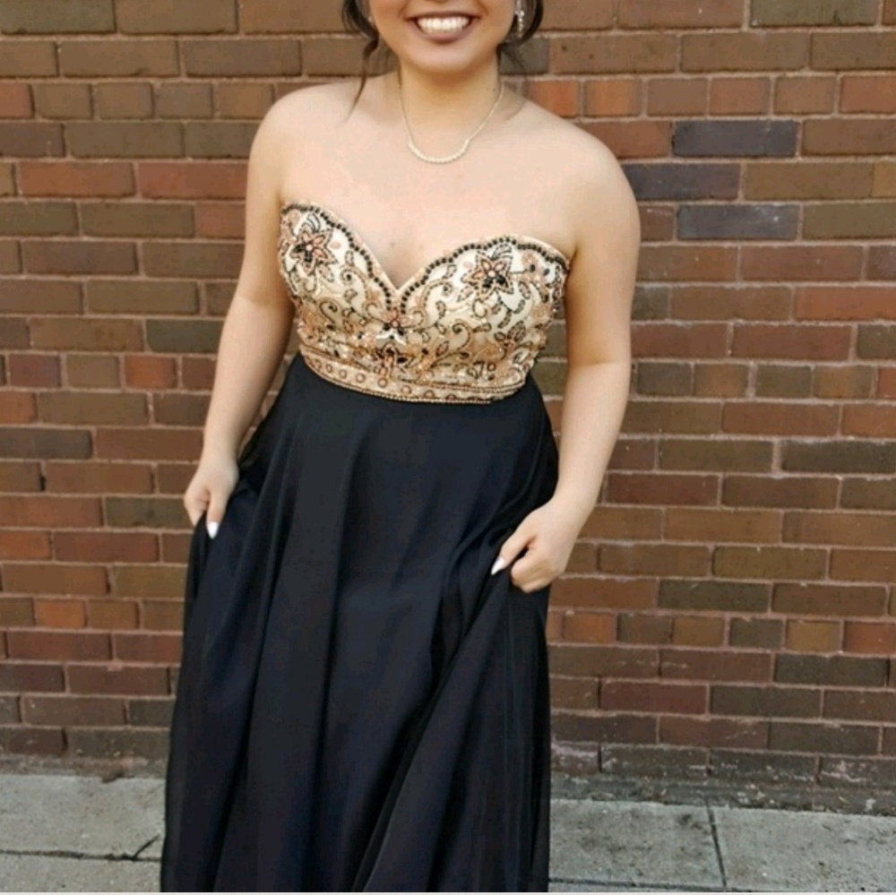 Alyce Paris prom dress gold silver black Jovani