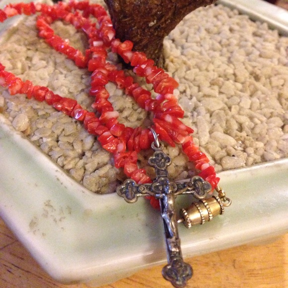 Vintage Italian skin coral cross necklace