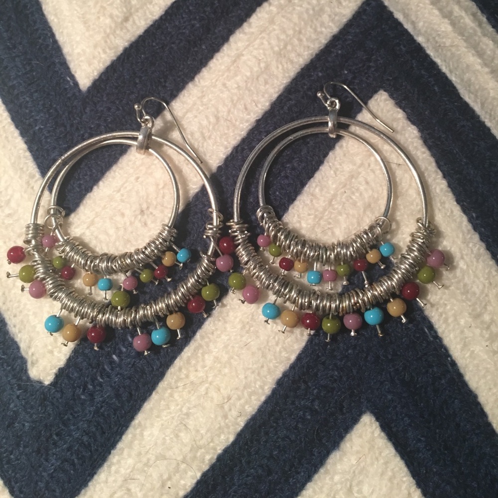 Handmade Silver Double Hoop Earrings with Beads
