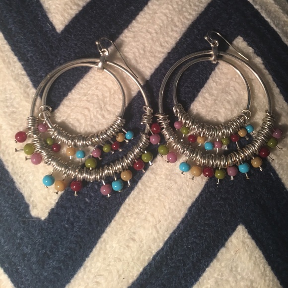 Handmade Silver Double Hoop Earrings with Beads - Picture 2 of 2