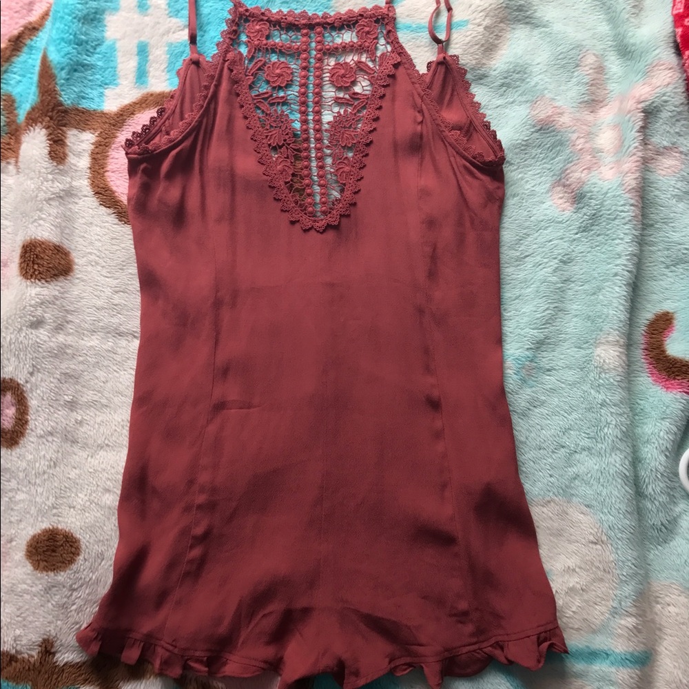 Mauve Halter Romper with crocheted neckline