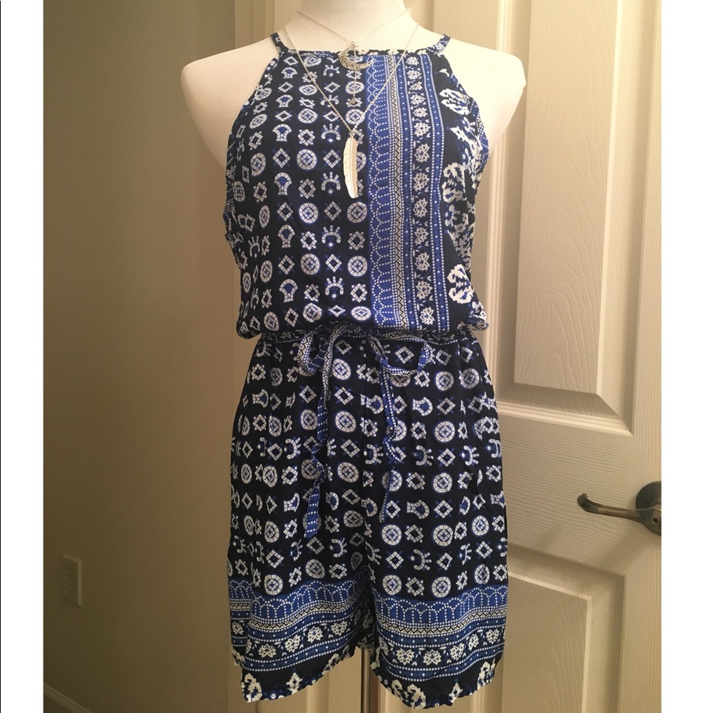 BLUE Geometric Bohemian Romper - Picture 5 of 6