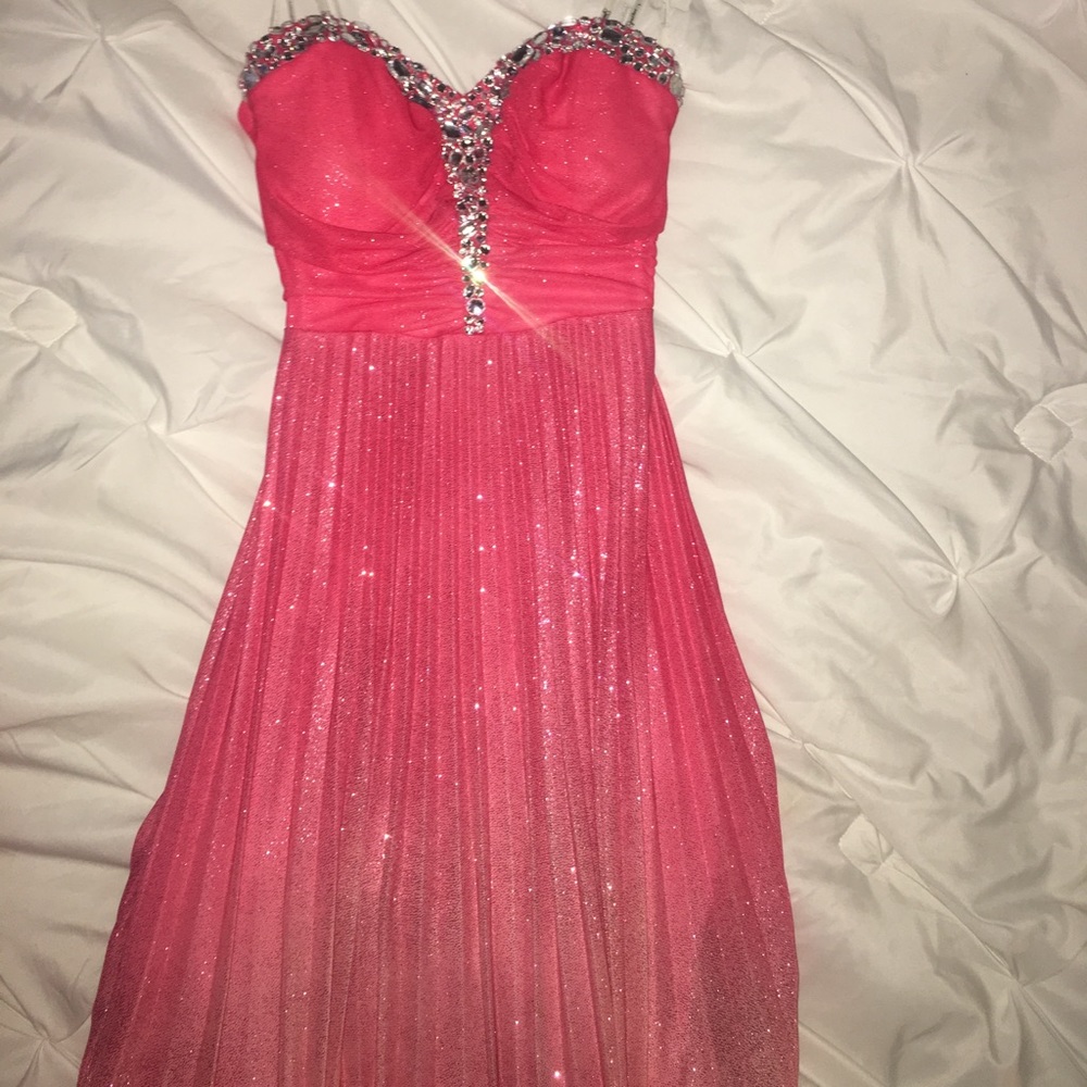 Long, strapless, open back prom dress