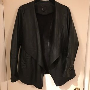 Black Leather Drape Front Jacket