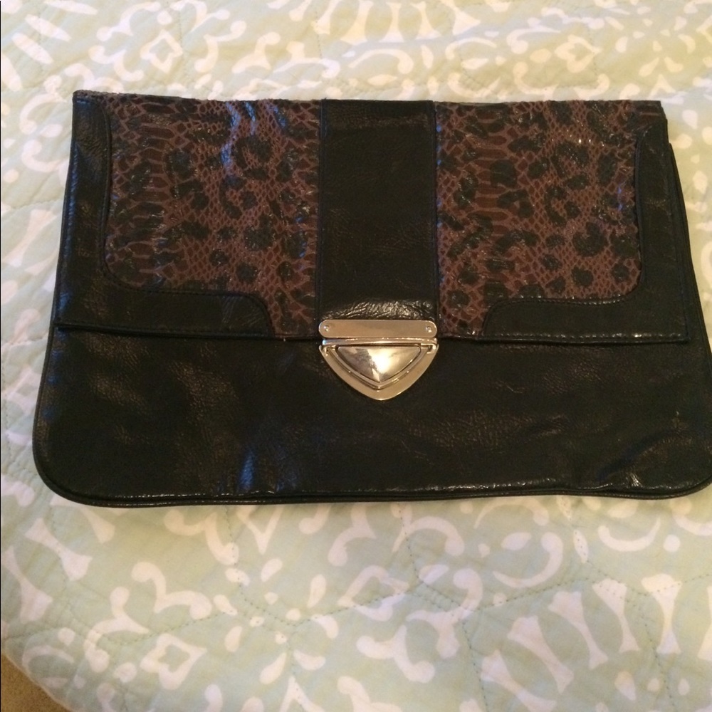 Envelope purse, black & cheetah, silver clasp