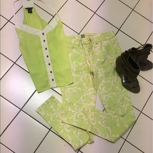 AWESOME- chartreuse &Cream Scroll Skinny JEAN