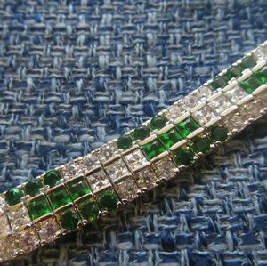 Emerald green and white CZ silver bracelet