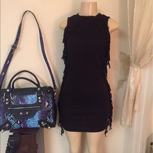 Black Short Dress with self fringe on sides- CHIC