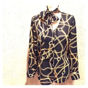 Button down blouse with versatile tie.