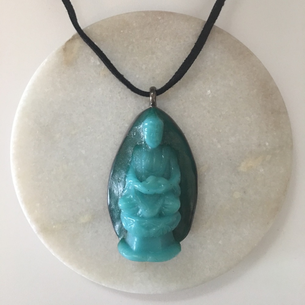 Blue Glass Buddha Necklace with Suede Rope Chain