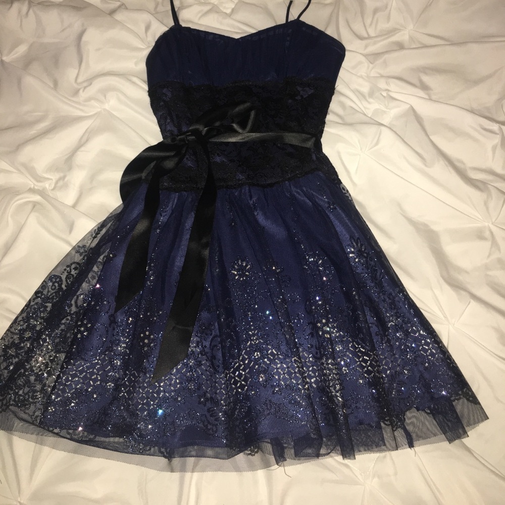 Blue formal mini dress-lace and glitter detail