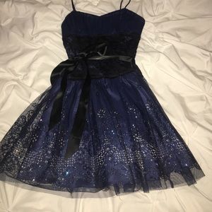 Blue formal mini dress-lace and glitter detail
