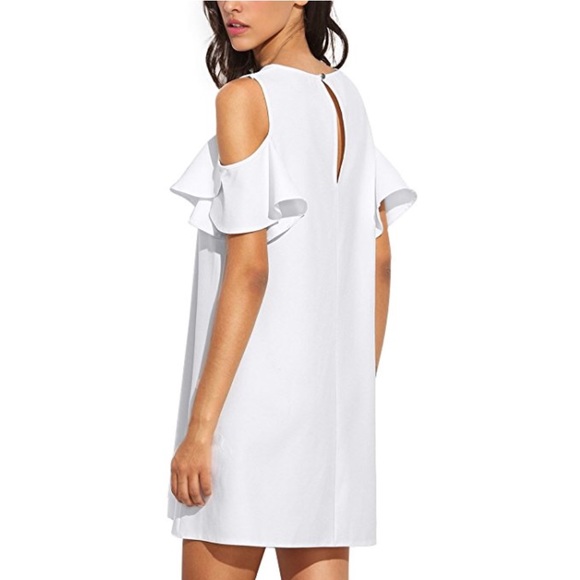 White Cold Shoulder Ruffle Sleeve Mini Dress - Picture 2 of 2
