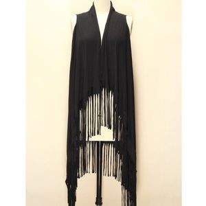 Black Solid Jersey Fringe Long Vest