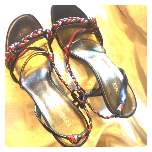 Fendi Shoes - Fendi Red,Gold and Navy braided sandals size 40