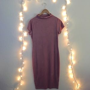 Pink Faux Suede Mock Neck Midi Dress