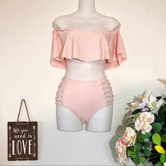 NEW Pink Ruffle Top Off Shoulder Hi Waisted Bikini - Picture 1 of 4