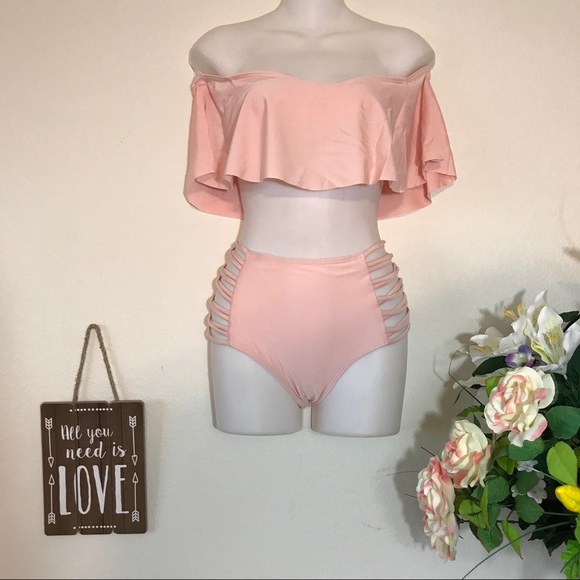 NEW Pink Ruffle Top Off Shoulder Hi Waisted Bikini - Picture 3 of 4