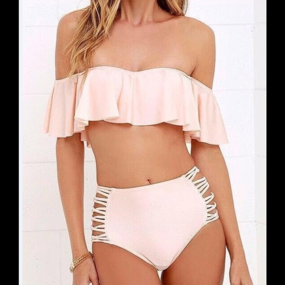 NEW Pink Ruffle Top Off Shoulder Hi Waisted Bikini - Picture 4 of 4