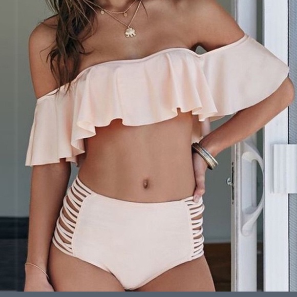 NEW Pink Ruffle Top Off Shoulder Hi Waisted Bikini - Picture 2 of 4