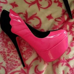 Angel Wing Neon Pink/Black Velvet Platform Heels