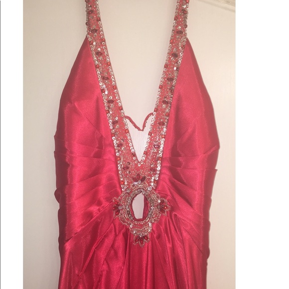 Floor length red dress w/ low-cut, sequined front - Picture 3 of 3