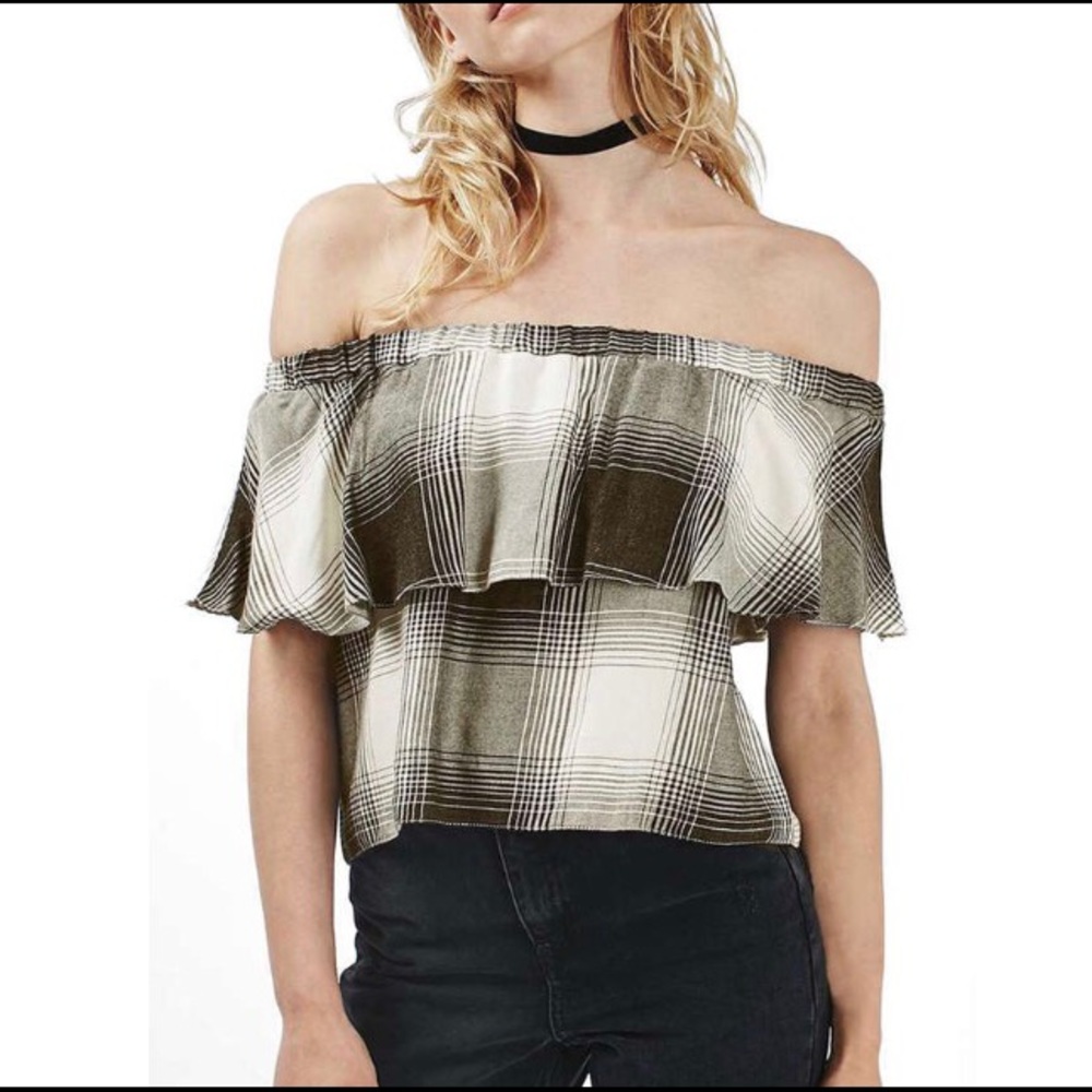 Topshop Monochrome Check Bardot Top NWT 🇺🇸 SALE