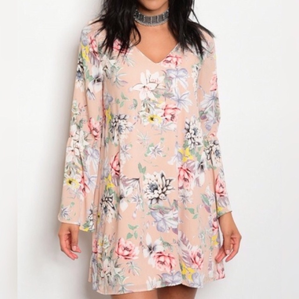 Blush Floral Print Dress with Bell Sleeves