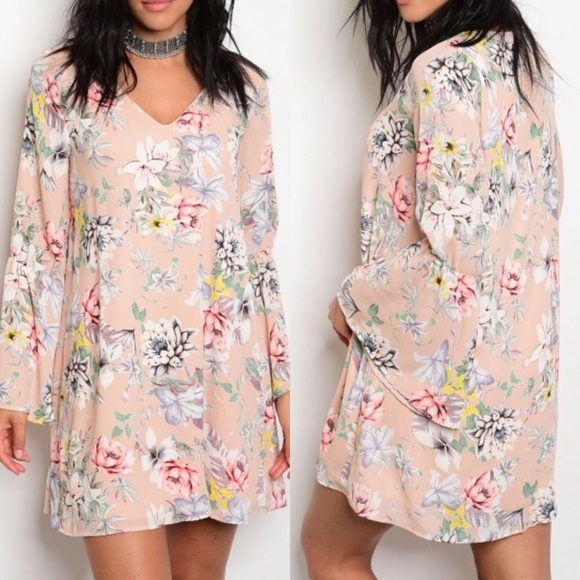 Blush Floral Print Dress with Bell Sleeves - Picture 3 of 5