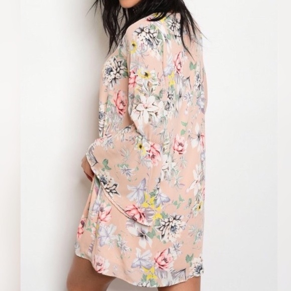 Blush Floral Print Dress with Bell Sleeves - Picture 2 of 5