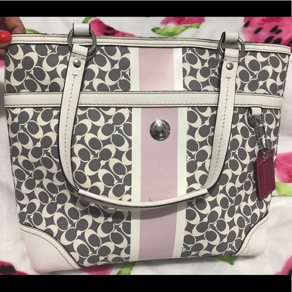 Auth. Coach grey/pink/white logo leather bag/tote