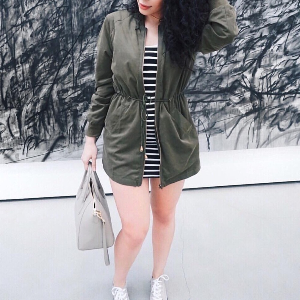 Olive Longline Bomber Jacket - Picture 3 of 5