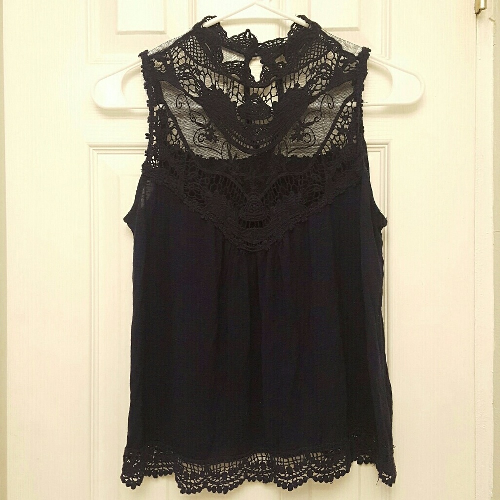 High lace neck blouse- Navy Blue