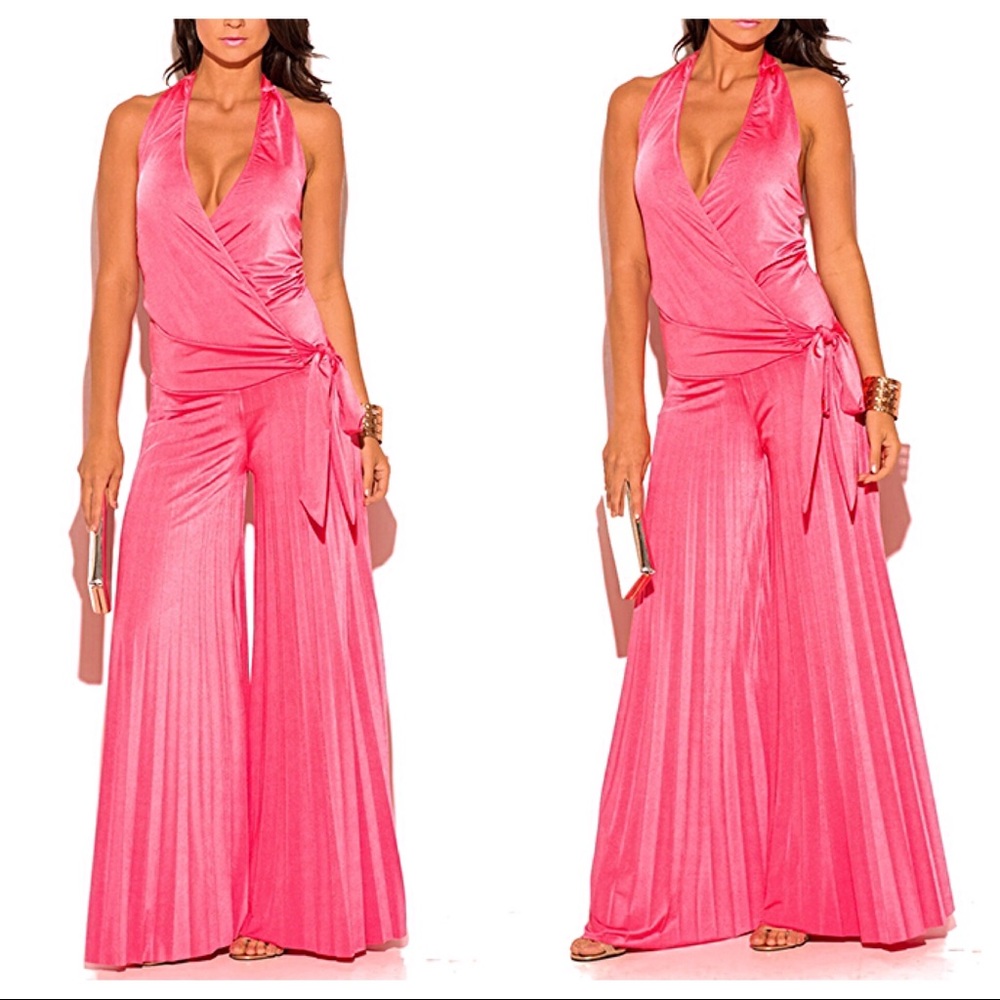 Coral Pink Wrap Halter Wide Leg Jumpsuit 🌻 - Picture 2 of 7
