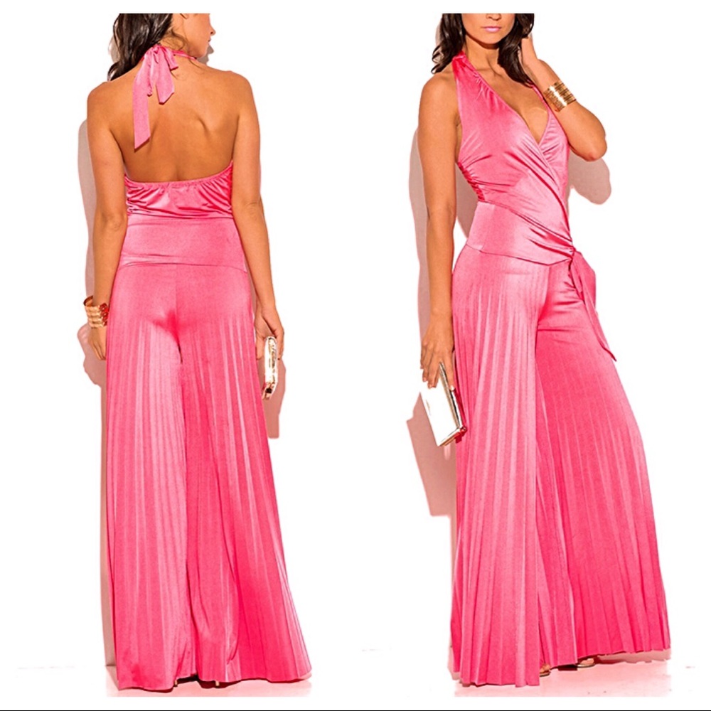 Coral Pink Wrap Halter Wide Leg Jumpsuit 🌻 - Picture 3 of 7