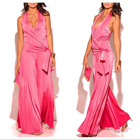 Pants - Coral Pink Wrap Halter Wide Leg Jumpsuit 🌻