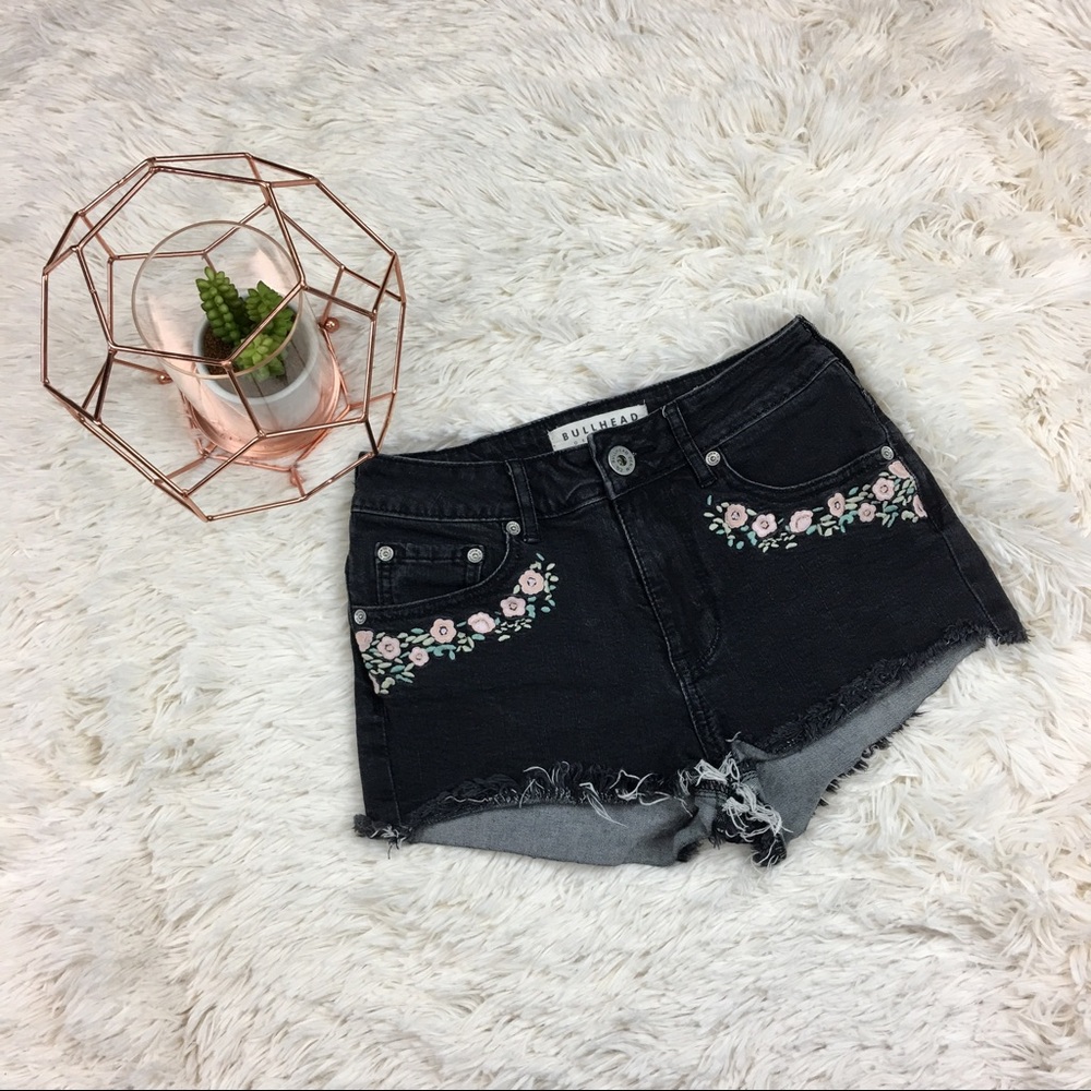 Bullhead Faded Black Shorts With Floral Embroidery