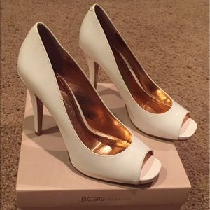 BCBGeneration “DION” Peep Toe Pump – White Patent
