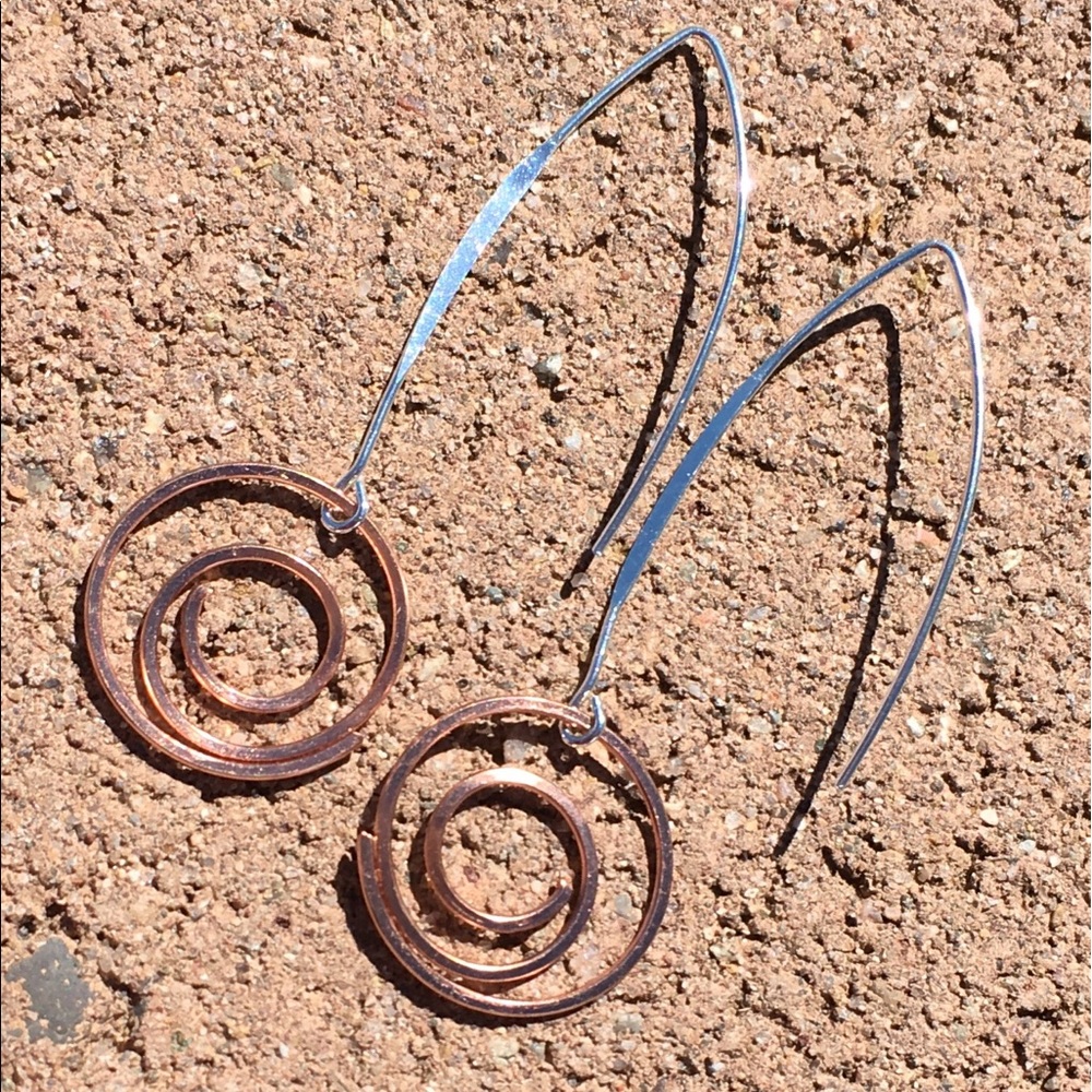 Silver copper SWIRLs long drop earrings uNIQUe FAB
